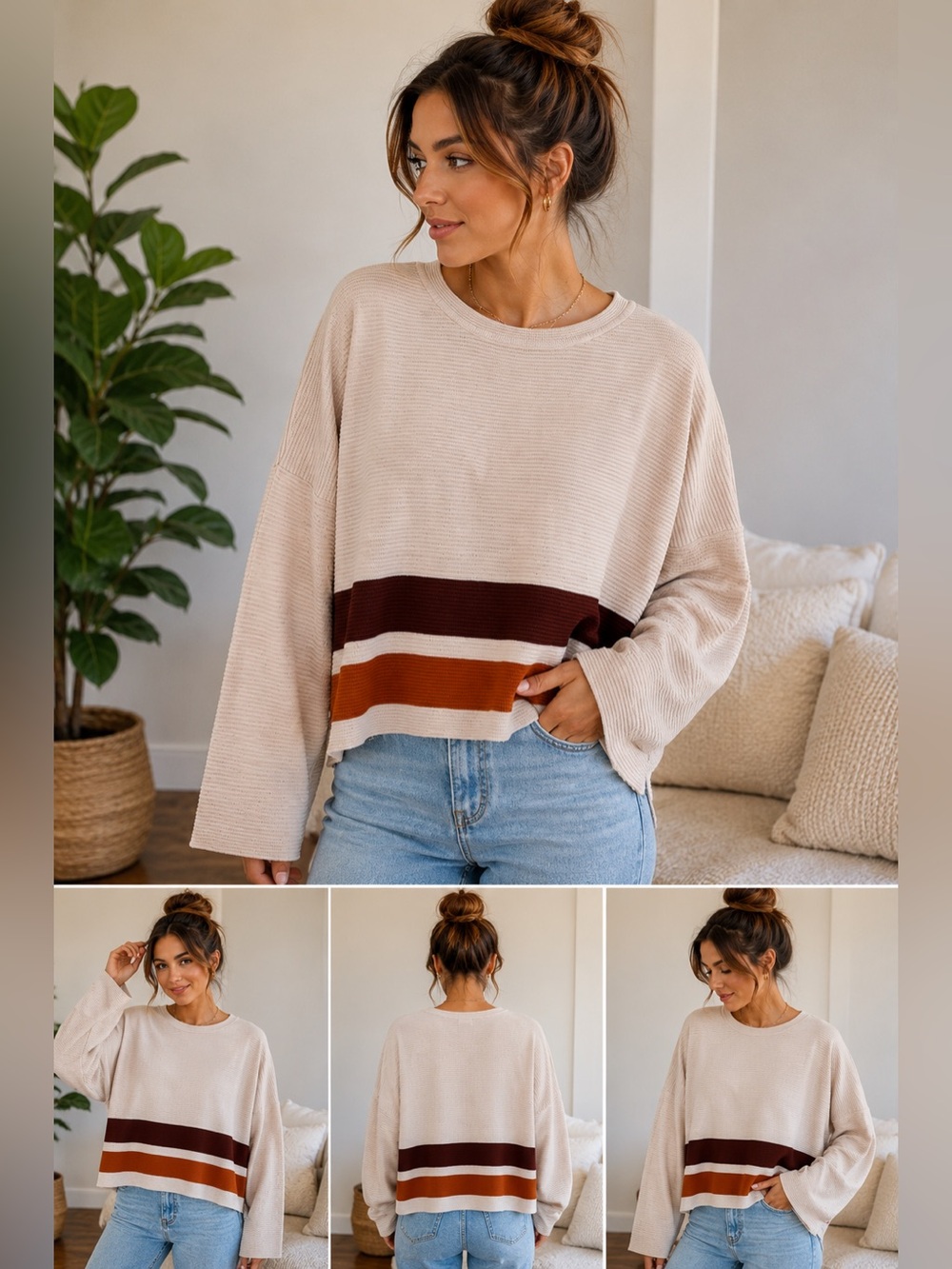 Crescent Ribbed Colorblock Sweater Top | Oversized Boho Neutral Stripe | Large